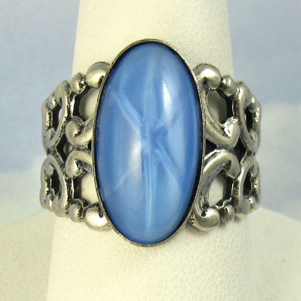 Blue Adjustable Ring Catseye Blue Antique Silver Cocktail Ring